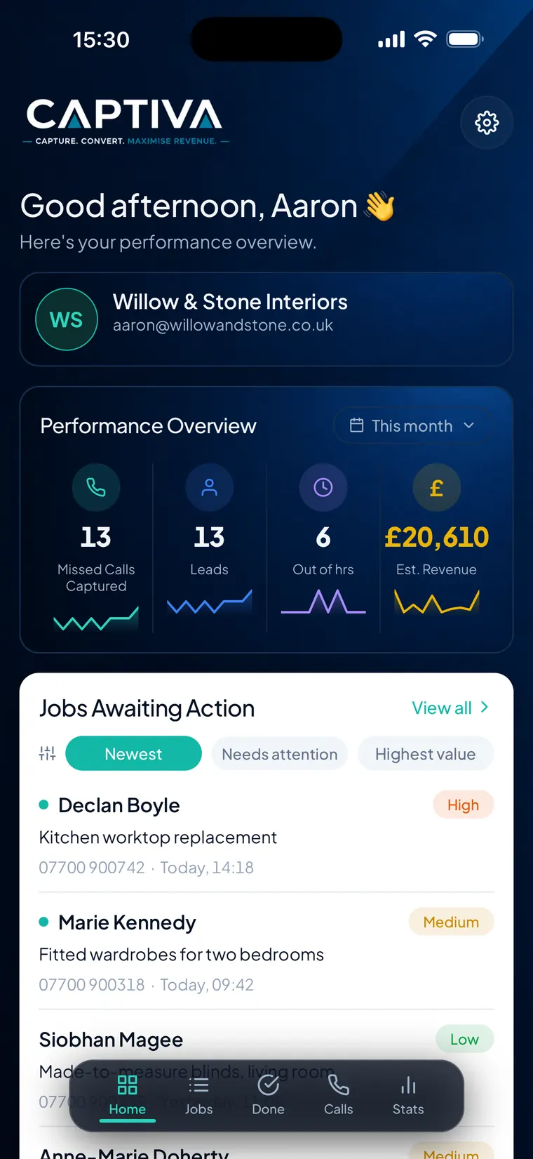 The Captiva app dashboard: missed calls captured, leads, estimated revenue, and the jobs awaiting action